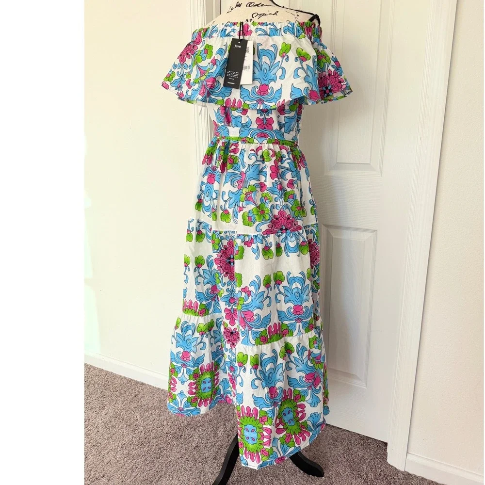 Fame Istanbul Floral Off Shoulder Maxi Dress White Blue Pink Green Tiered M - Picture 12 of 14